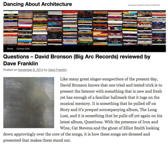 Music website Dancing About Architecture rviews David Bronson "Questions"