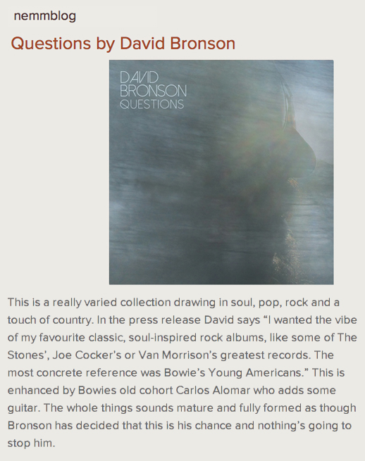 UK's NE:MM reviews David Bronson's forthcoming album Questions.