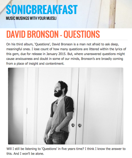 David Bronson's album Questions reviewed by Sonic Breakfast (UK)