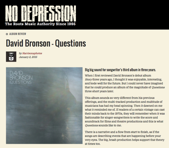 Roots Music authority No Depression reviews David Bronson's "Questions"